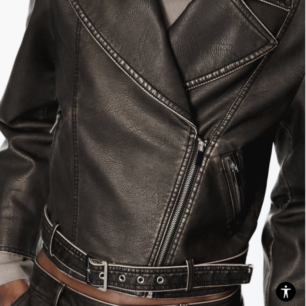 ZARA FAUX DISTRESSED LEATHER JACKET Charcoal - Picture 5 of 12